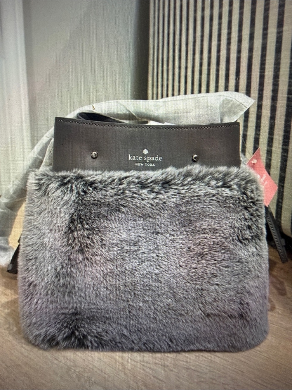 Kate Spade New with tags Marti Faux Fur Bucket grey crossbody